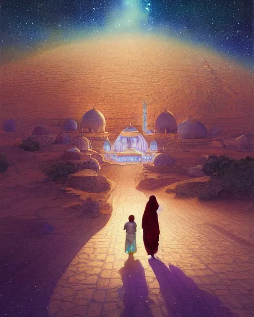 Image similar to bedouin man and woman and child in galaxy walking towards mosque surrounded by nebula, highly detailed, gold filigree, romantic storybook fantasy, soft cinematic lighting, award, disney concept art watercolor illustration by mandy jurgens and alphonse mucha and alena aenami, pastel color palette, featured on artstation