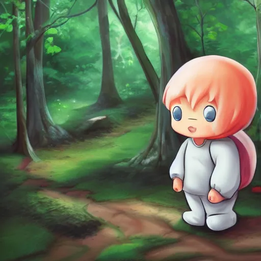 Prompt: an adorable chibi doughboy wanders around in the forest, 4K HD, art from a children's book