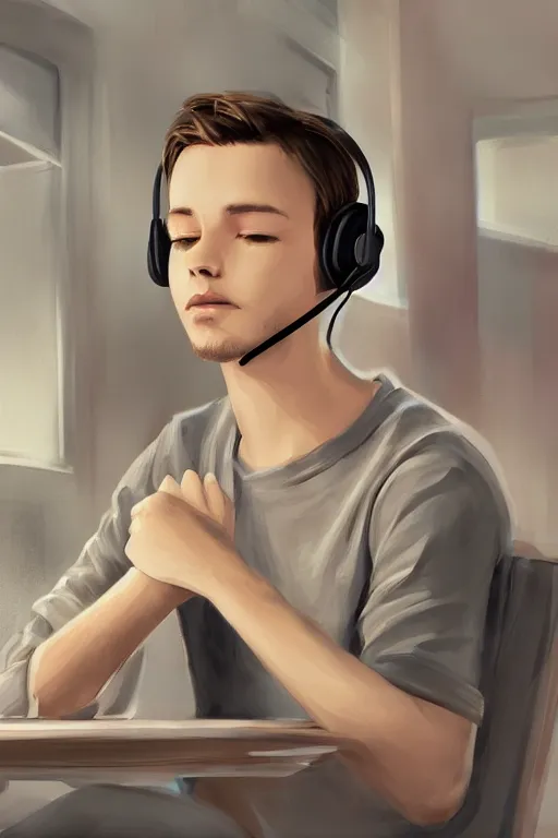 Image similar to a boy with headphones in a cafe, digital art, digital painting, masterpiece, concept art, trending on deviantart, highly detailed, high quality, anatomically correct, five fingers, cinematic, high coherence, soft lighting, soft colors, beautiful, elegant, short black hair, 4 k, symmetrical, realistic and detailed face, cartoon