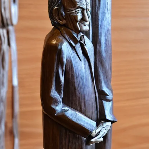 Prompt: wooden sculpture of elie wiesel, polished maple, thoughtful, elegant, real