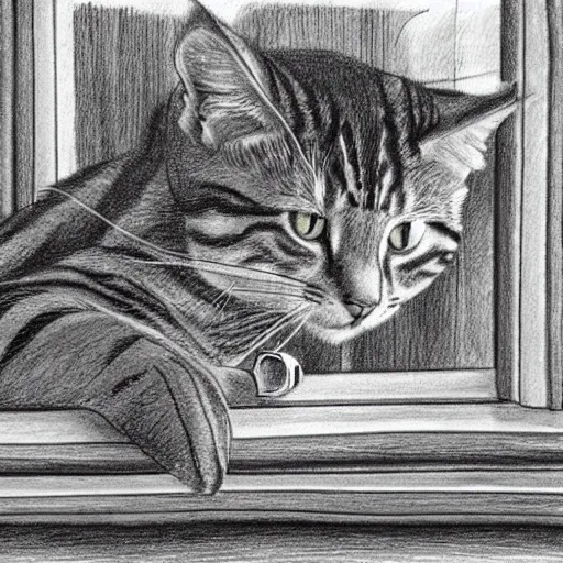 Image similar to a tabby cat named clarence laying on a table looking out the window, it is a sunny day, in the style of a hand drawn pencil sketch