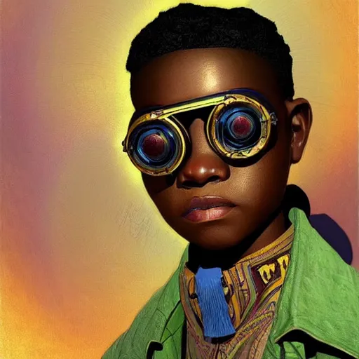 Prompt: colourful vfx upper half - portrait - art of a nigerian boy wearing steam punk goggles, art by alphonse mucha & james jean, digital render, digital illustration, concept art, caricature, volumetric light, ray tracing, symmetrical, unreal engine, octane 3 d render, sharp, detailed, intricate detail, pinterest, behance, art station,