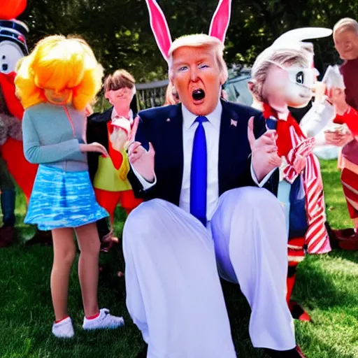 Image similar to professional photography Donald Trump cosplay as Bugs Bunny spying on children at a birthday party, high quality, good lighting, masterpiece, beautiful beautiful beautiful beautiful beautiful