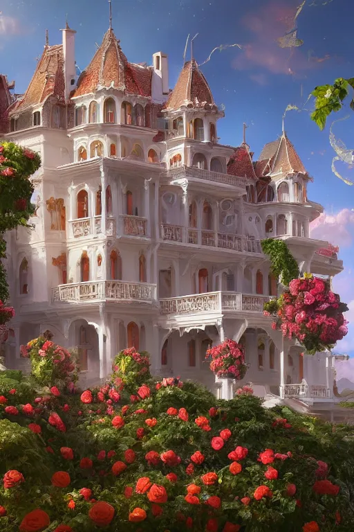 Image similar to The front of the white Rococo-style castle is full of roses, Art Nouveau Cosmic 4k Detailed Matte Illustration featured on Getty Images ,CGSociety, Jade and Carrot orange color scheme, Pastiche by Marc Simonetti, Pastiche by Cedric Peyravernay