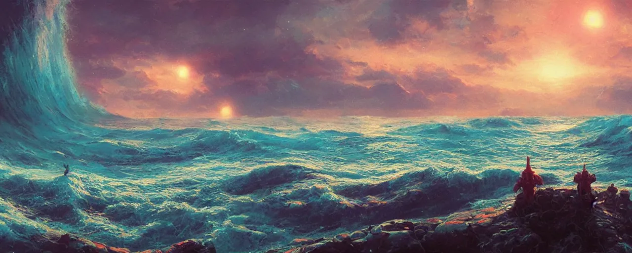 Prompt: ” still ocean, [ art by paul lehr, cinematic, detailed, epic, widescreen, opening, establishing, mattepainting, photorealistic, realistic textures, octane render ] ”