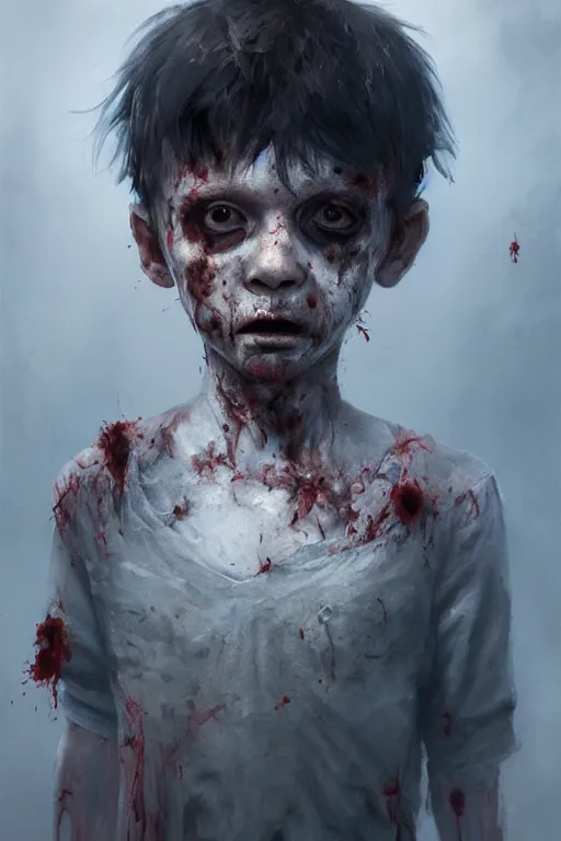 Prompt: A portrait of a zombified young child by Greg Rutkowski, Sung Choi, Mitchell Mohrhauser, Maciej Kuciara, Johnson Ting, Maxim Verehin, Peter Konig, Bloodborne, 8k photorealistic, cinematic lighting, HD, high details, dramatic, dark atmosphere, trending on artstation