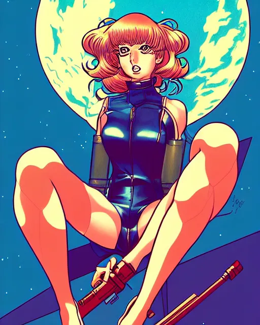 Prompt: comic cover art of a flirtatious supermodel sitting on an atomic bomb, inspired by gunsmith cats and shoujo manga, illustration by jenny frison and sana takeda, intricate details, stunning inking lines, stunning gradient colors, 4 k, hd, artstation