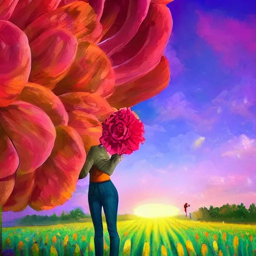 Image similar to giant rose flower head, full body girl standing in a flower field, surreal photography, sunrise, dramatic light, impressionist painting, colorful clouds, digital painting, artstation, simon stalenhag