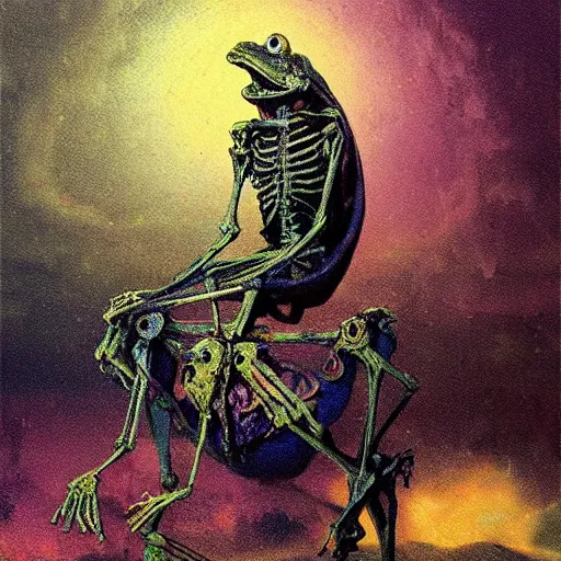 Prompt: muppet frog horseman riding a glowing baroque unicorn skeleton, foggy night, in style of tarot card, painting by beksinski, part by adrian ghenie and neo rauch, in color palette of francis bacon, eerie, mystical, sublime