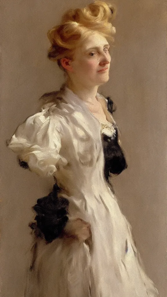 Image similar to portrait of a middle aged maid with blonde hair, by sargent, 1880