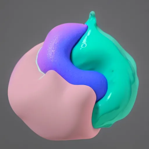 Image similar to A 3d render of several pastel colored liquid viscuous objects are melting together as a clay in a geometric shape with detailed shadow. Geometric shaped. render, low angle camera, detailed shading, vray octane, redshift. ray tracing. volumetric lighting. micro details, Hyper detailed, 8K3d, Trending on Artstation. rendered in cinema4d, Hyper realism.