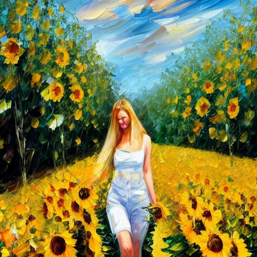 Image similar to a girl slowly walking through amazing tall sunflower field, her hair flowing down, subtle, intricate details, real masterpiece, oil on canvas, by leonid afremov