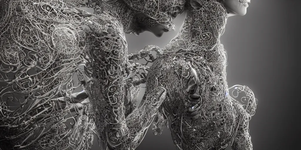 Image similar to realistic photography of a beautiful cyborg androgynous humanoid, back, reaching, holding close, in liquid, intricate filigree, in the style of beth cavener, jin kagetsu, wlop, highly detailed, symmetry, masterpiece, concept art, ringflash, highkey lighting, ambient lighting, octane render, 8 k, artstation