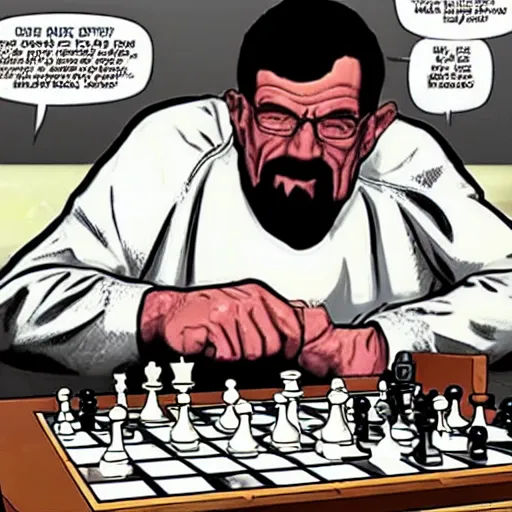 Image similar to the doom slayer trying to defeat walter white at chess