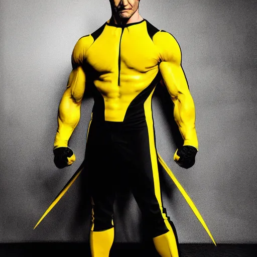Prompt: Hugh Jackman wolverine in X-Men yellow and black costume, studio photograph, strong pose