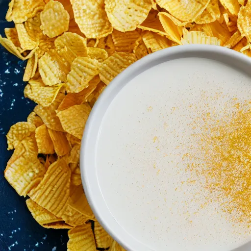 Image similar to professional photo of a bowl of cornflakes in milk on a yellow table shot from above