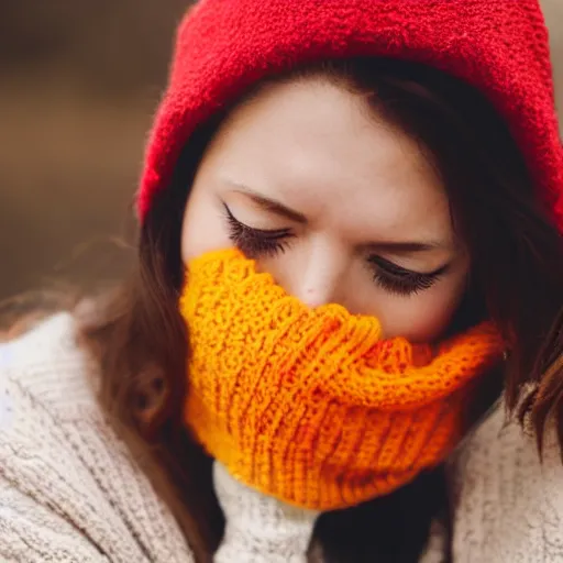 Prompt: a cozy photo of a woman. red yellow.