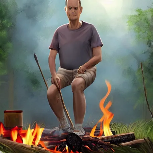 Prompt: tom hanks as forrest gump holding a giant shrimp skewer over a campfire in the jungle, amazing digital art, trending on artstation