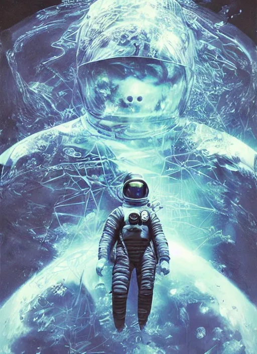 Image similar to astronaut in dark void underwater - complex and hyperdetailed technical suit design. reflection and dispersion materials. rays and dispersion of light. volumetric light. f / 3 2. noise film photo. flash photography. ultra realistic, 5 0 mm. poster by wayne barlowe, hajime sorayama aaron horkey, craig mullins