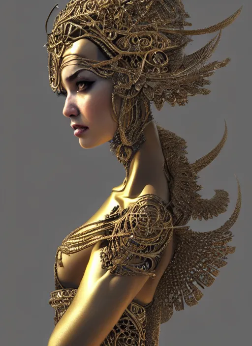 Image similar to a portrait of female in wearable sculpture art, ornate, metal works, intricate details, elegant, highly detailed, digital photography, artstation, glamor pose, concept art, smooth, sharp focus, art by artgerm and greg rutkowski, 3 d character, full body, film, photorealistic, unreal engine