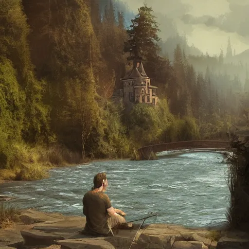 Image similar to jesus sitting by the river fishing, exudes terror, castle, mysterious breath, spitfire, photography, hyperrealistic, by greg rutkowski, smooth, illustration, elegant, artstation, digital painting.