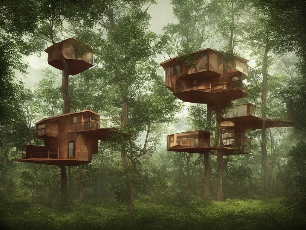 Image similar to “A mid-century stahl tree house by Pierre Koenig, trending on artstation, octane render, cgsociety, digital art”