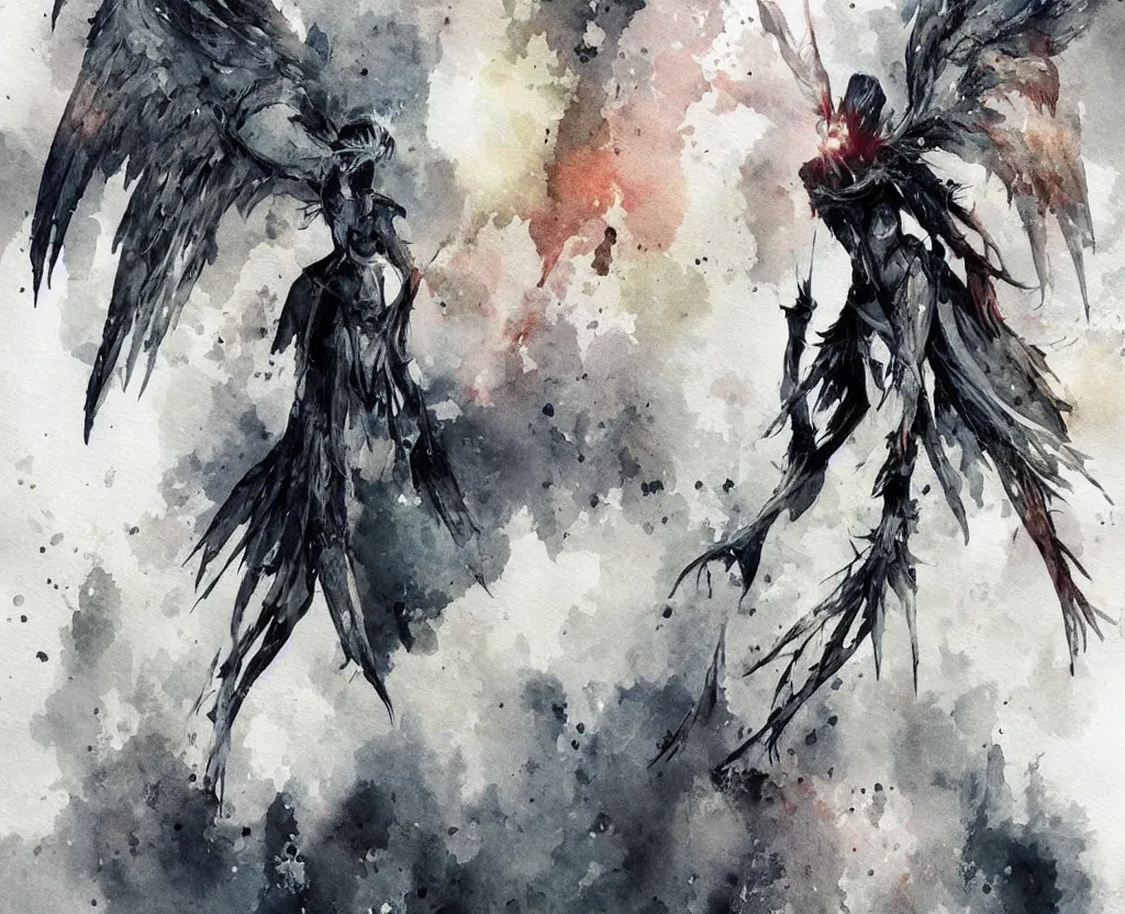 Prompt: a watercolor ink painting of a fallen angel with a broken halo wielding a jagged broken blade standing on top of a skyscraper in the style of anti - art trending on artstation deviantart pinterest detailed realistic hd 8 k high resolution