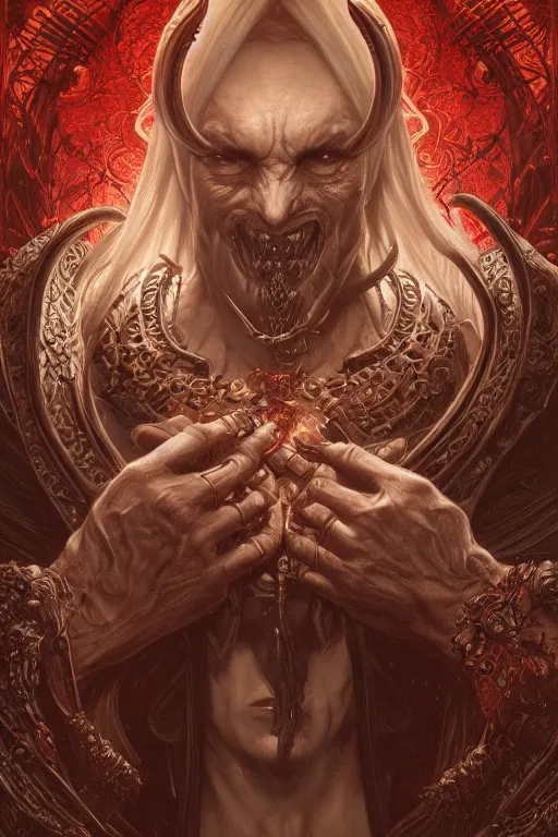 Image similar to ultra realistic illustration, asmodeus from diablo and baldurs gate, intricate, elegant, highly detailed, digital painting, artstation, concept art, smooth, sharp focus, illustration, art by artgerm and greg rutkowski and alphonse mucha