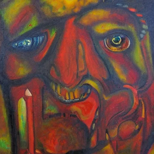 Image similar to portre of an autistic demon on acid, masonic and kabalistic symbols in background, oil painting