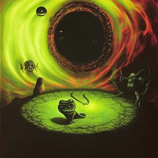 Prompt: pepe the frog being forced into a portal from hell, floating dark energy surrounds them. there is one cow in the corner of the room, surrounded by a background of dark cyber mystic alchemical transmutation heavenless realm. highly detailed, vivid color, beksinski painting, part by adrian ghenie and gerhard richter. art by takato yamamoto. masterpiece