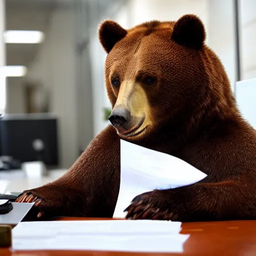 Image similar to bored bear at office, head leaning on paw with elbow on table, piles of paperwork