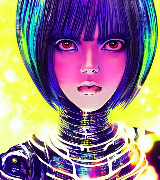 Prompt: very beautiful closeup portrait of a black bobcut hair style futuristic magical girl in a blend of manga - style art, augmented with vibrant composition and color, all filtered through a cybernetic lens, by hiroyuki mitsume - takahashi and noriyoshi ohrai and annie leibovitz, dynamic lighting, flashy modern background