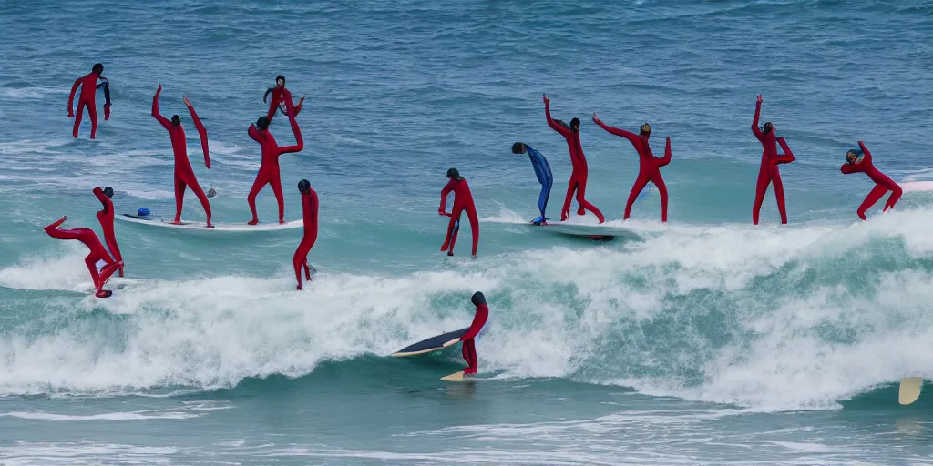 Image similar to devil worshippers in robes belonging to the cult of the ocean surfing in waves, standing on surfboards, surfing inside one large barreled wave, high detailed colors, blue