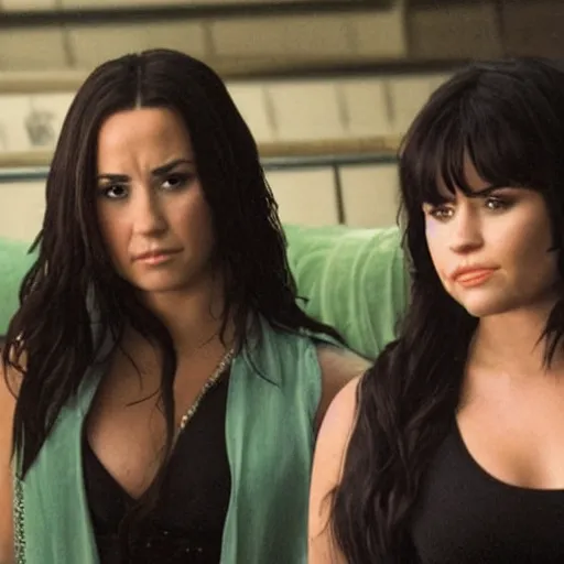 Prompt: close-up of Demi Lovato as Piper Halliwell and Selena Gomez as Phoebe Halliwell and Ariana Grande as Prue Halliwell in a Charmed movie directed by Christopher Nolan, movie still frame, promotional image, imax 35 mm footage