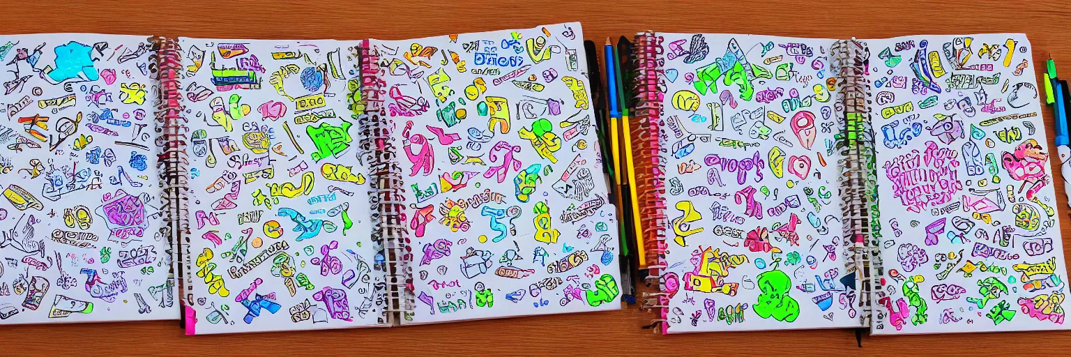 Prompt: a school notebook covered in doodles, stickers, glitter, and holographic stickers