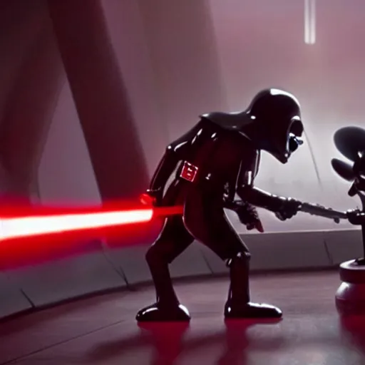 Prompt: film still of mickey mouse killing!! darth vader!! in the new star wars movie, 4 k