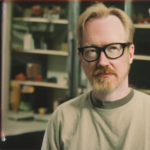 Prompt: color 35mm film still of Adam Savage, figure portrait