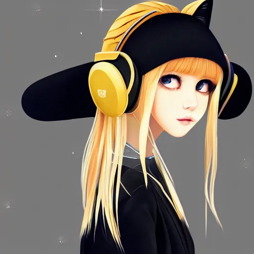 Image similar to realistic beautiful gorgeous natural cute Blackpink Lalisa Manoban blonde hair cute fur blonde cat ears, wearing summer outfit, wearing headphones, wearing black leather choker artwork drawn full HD 4K highest quality in artstyle by professional artists WLOP, Taejune Kim, Guweiz on Artstation Pixiv