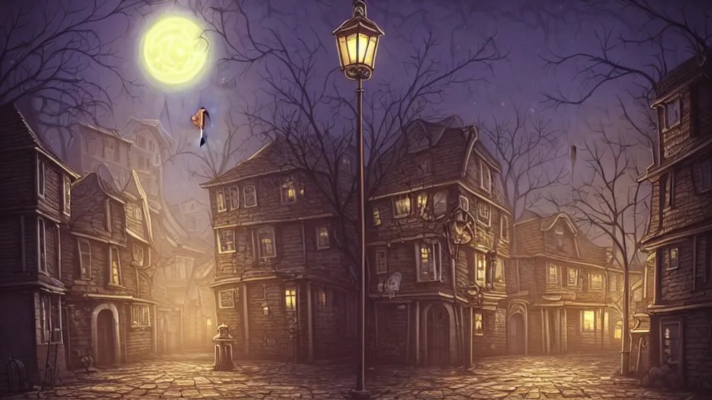 Prompt: empty lovecraftian town square surrounded by houses and inns. lovecraftian city at night by cyril rolando and naomi okubo and dan mumford and ricardo bofill. lovecraft. cobbled streets. oil lamp posts. lovecraftian statues. full moon halo.