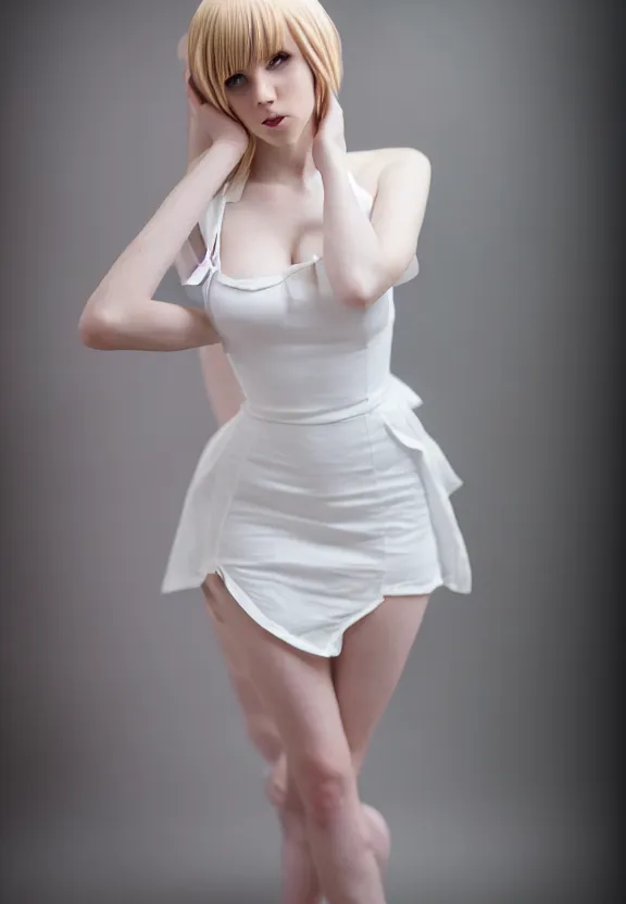 Prompt: detailed studio photo of cute sexy emily skinner cosplaying annie leonhart wearing white dress, wearing open toe heels, pale skin, studio lighting, sharp focus, backlit, smooth, hard focus, full body shot, beautiful woman, most beautiful models, 4 k hdr, shot on nicon camera, beautiful soft skin, skin care, sony nicon iphone 1 3 pro max