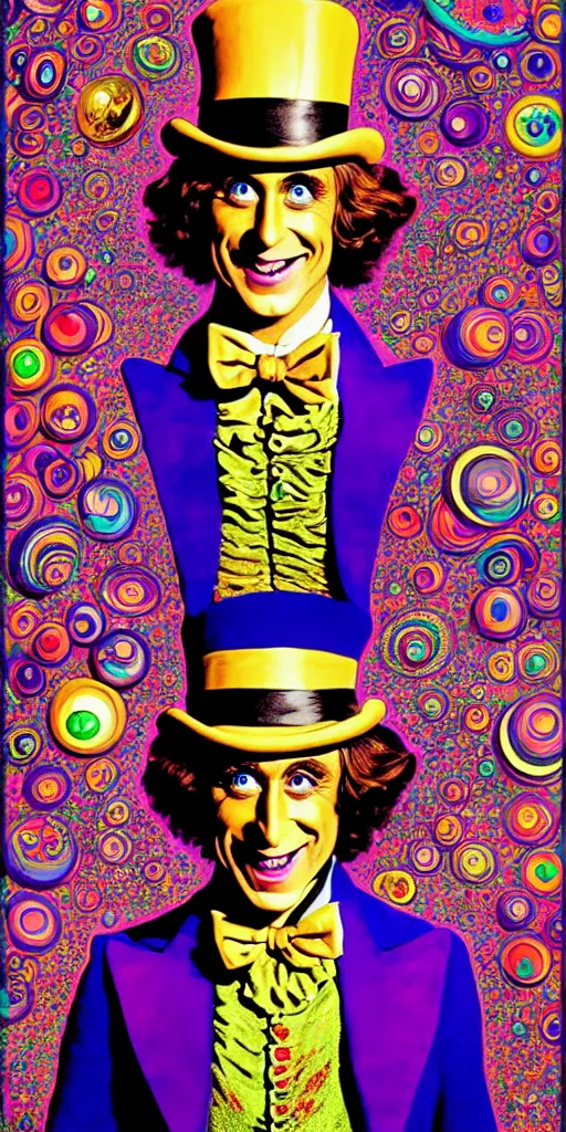 Image similar to An extremely psychedelic illustration of willy wonka smiling with his eyes closed in a ornate psychedelic tuxedo, surreal, LSD, happy dreaming face, detailed, intricate, elegant, lithe, highly detailed, digital painting, artstation, full body, character concept art, smooth, sharp focus, illustration, art by Jason Edmiston