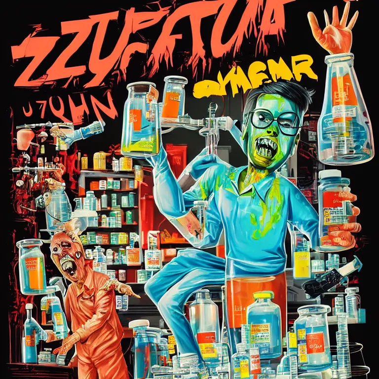 Image similar to hyperdetailed cyber fun 70's poster painting in a color style of 70's black poster art of an a crazy pharmacist zombie in a chemical laboratory with chemical beakers, holding a giant jar of pills, large syringe in background, syringe, drugs, chemical substances, epic scale ultrawide angle, 3D rendered, Vray rendered, octane render, unreal engine