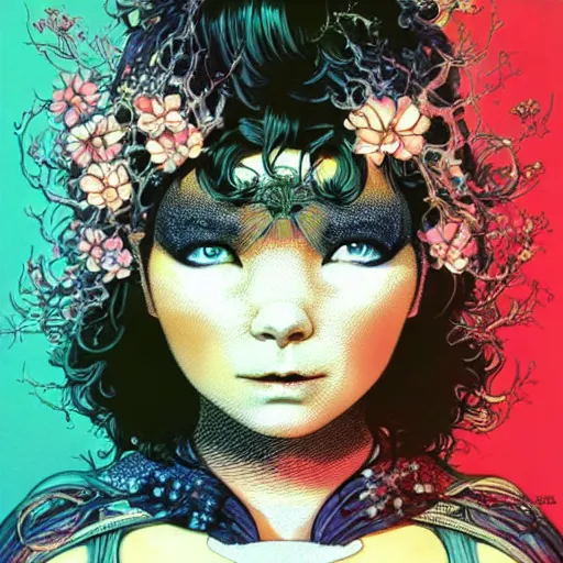 Image similar to portrait of crazy beautiful singer bjork, ymmetrical, by yoichi hatakenaka, masamune shirow, josan gonzales and dan mumford, ayami kojima, takato yamamoto, barclay shaw, karol bak, yukito kishiro