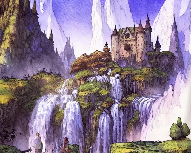 Image similar to Ink and watercolor masterpiece depicting Idyllic fantasy landscape, waterfalls, castle, willows, mystical, magical, Edmund Dulac and Andreas Rocha, Hyperdetailed, stylized, Artstation