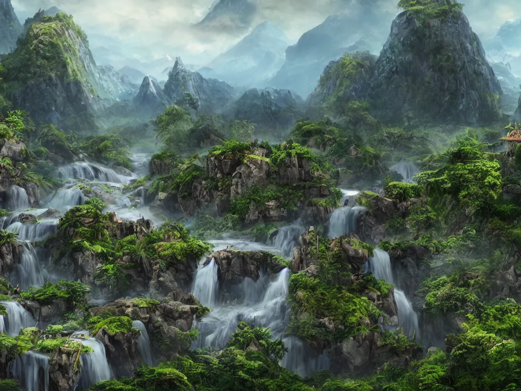 Image similar to Fantasy world with mountains in the background and waterfall with river on the bottom, on the right dense jungle forest, on the left ancient city with many bridges, highly detailed, matte painting, wide lens, overcast sky, ultra realistic, 4k, 8k resolution, trending on artstation, octane render, unreal engine, cinematic