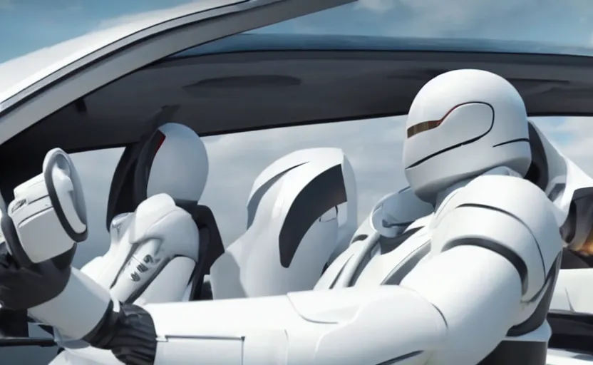 Prompt: elon musk driving a car with a white robot sitting besides him, unreal engine, 4k, 8k