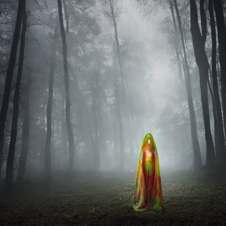 Image similar to octane render portrait by wayne barlow and carlo crivelli and glenn fabry, a woman wearing a skintight tie - dye bedsheet ghost costume, backlit, dramatic lighting, fog and mist, night time forest, light rays, cinema 4 d, ray traced lighting, very short depth of field, bokeh