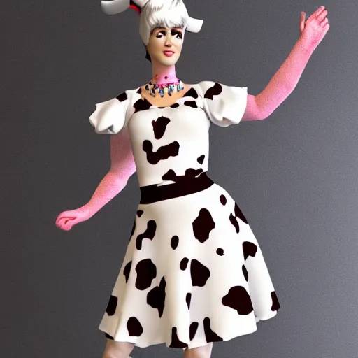 Prompt: A Marvelous Designer render of a cow costume with Holstein print fabric. Ruched bodice, puff sleeves, skater skirt. White fur boots with hooves. Large cowbell necklace.