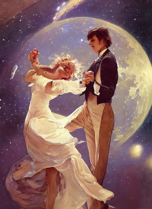 Prompt: an elegant couple, a man and a woman, dance together at a space themed ball. beautiful highly detailed faces. painting by artgerm and greg rutkowski and alphonse mucha.