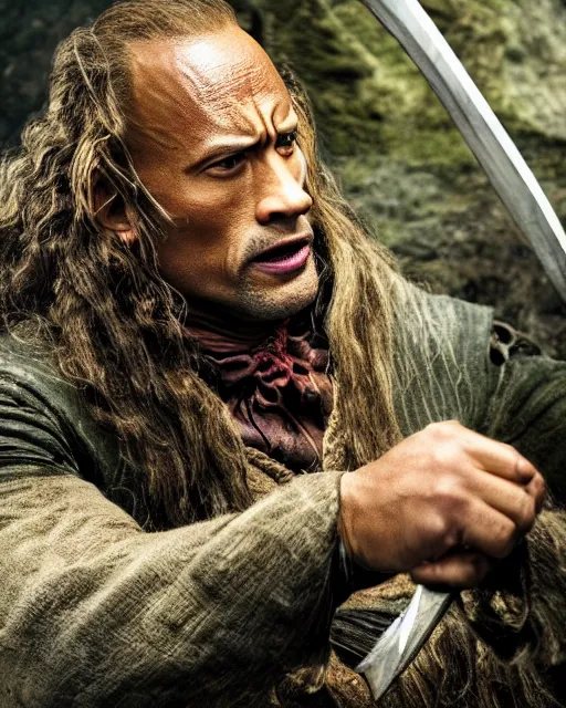 Image similar to Film still close-up shot of Dwayne Johnson as Bilbo Baggins from the movie The Hobbit. Photographic, photography